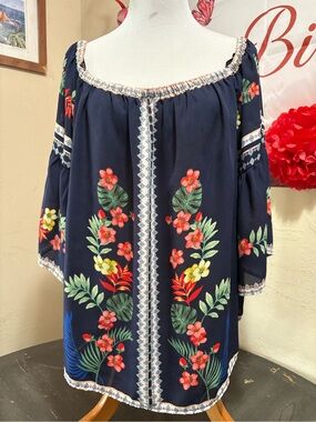 Navy Floral Off-Shoulder Women's Blouse